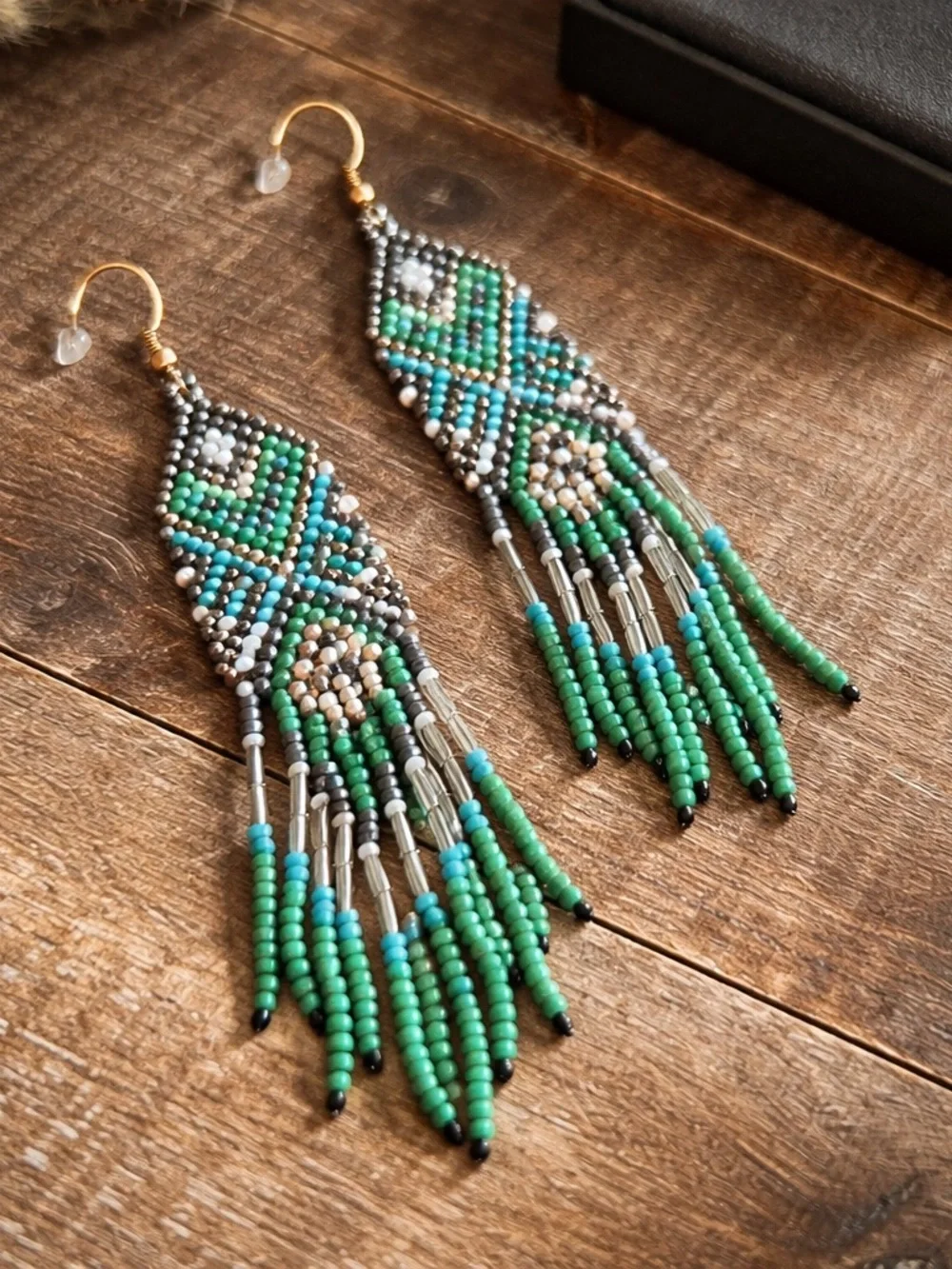 Beaded Earrings Boho Western Statement  5” Green Tribal Cowgirl Festival Jewelry